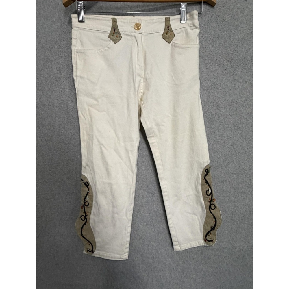Sonite Jeans Womens Sz Small T1 White Beaded Embroidered‎ Capri Crop Made France